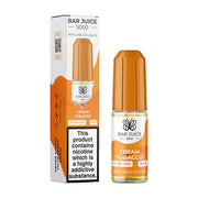 The image shows a product packaging for Bar Juice 5000 Cream Tobacco Nic Salt Vape juice. The packaging is primarily orange with product information and branding visible.